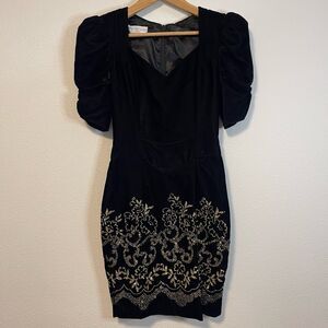 Vintage Jessica McClintock Gunne Sax Black Velvet Glitter Floral Puff Sleeve Dre